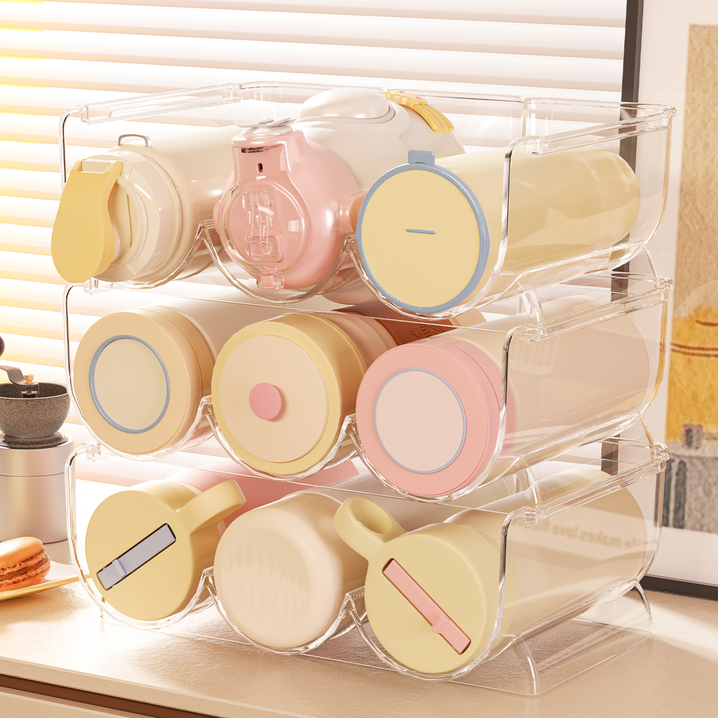 保温杯收纳架桌面大容量可叠加放水杯置物架家用柜内创意分格杯架