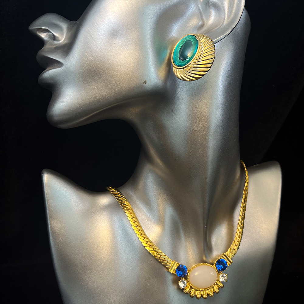 中古首饰套装古巴粗链琉璃白玉复古铜镀真金vintage项链耳钉