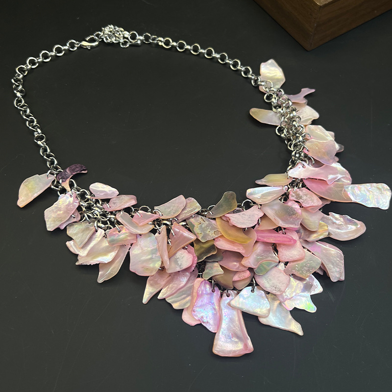 天然彩贝壳鲍鱼贝波西米亚高级欧美复古树叶手工百搭精致跨境项链