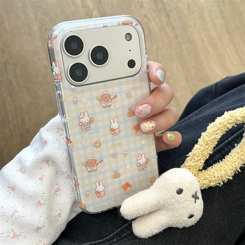日韩格纹烹饪兔子插画适用iPhone17苹果16ProMax/15/14手机壳小众
