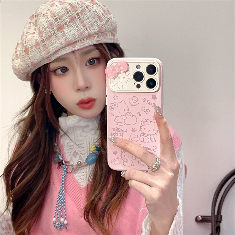 粉色线条kitty立体蝴蝶结适用iPhone16苹果15ProMax/14手机壳13女