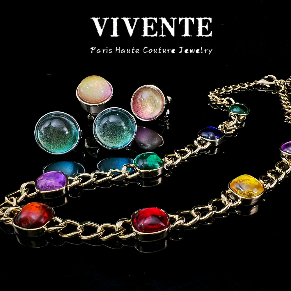 原创法式套装 铜镀24K质感炫彩琉璃高级感设计感中古打标耳钉项链