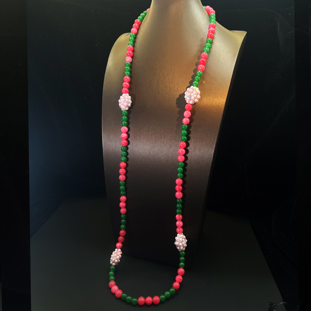 天然石胭脂粉绿两用可叠戴长款毛衣链复古宫廷风高级感新中式项链