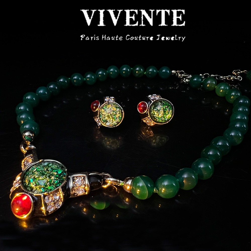 西洋古董祖母绿琉璃碧玉首饰套装 vintage古典复古秋新款项链耳钉