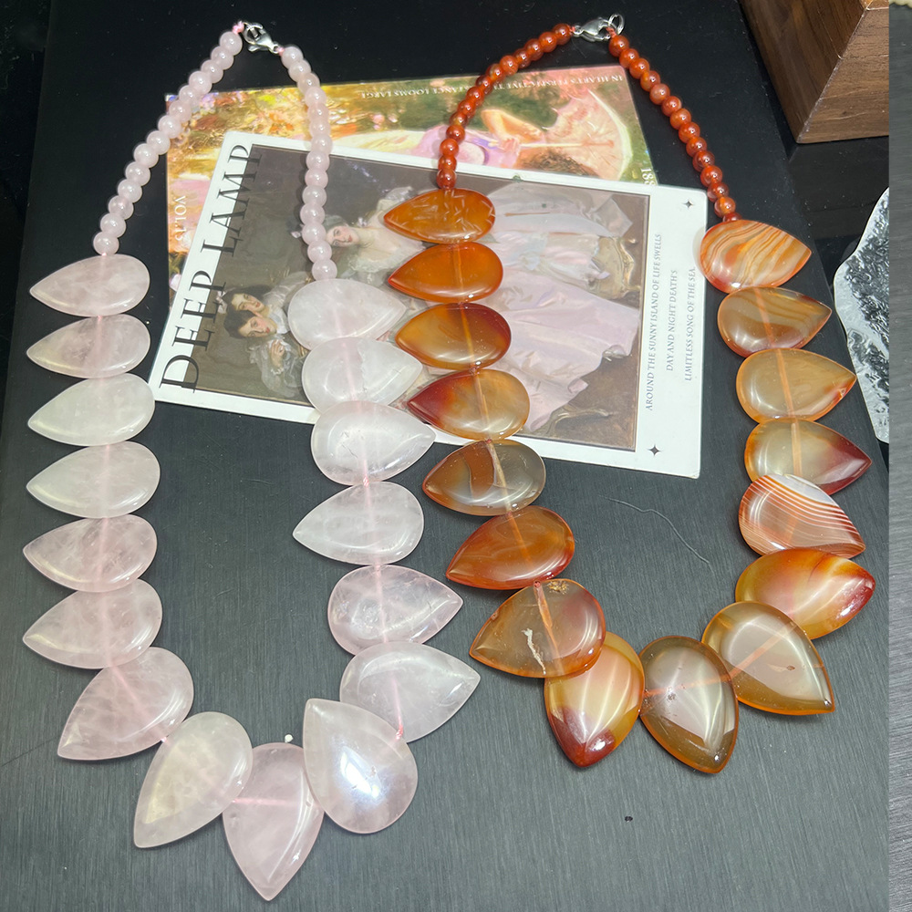 粉水晶玛瑙水滴叶片串珠项链 vintage简约天然石欧美跨境复古项链