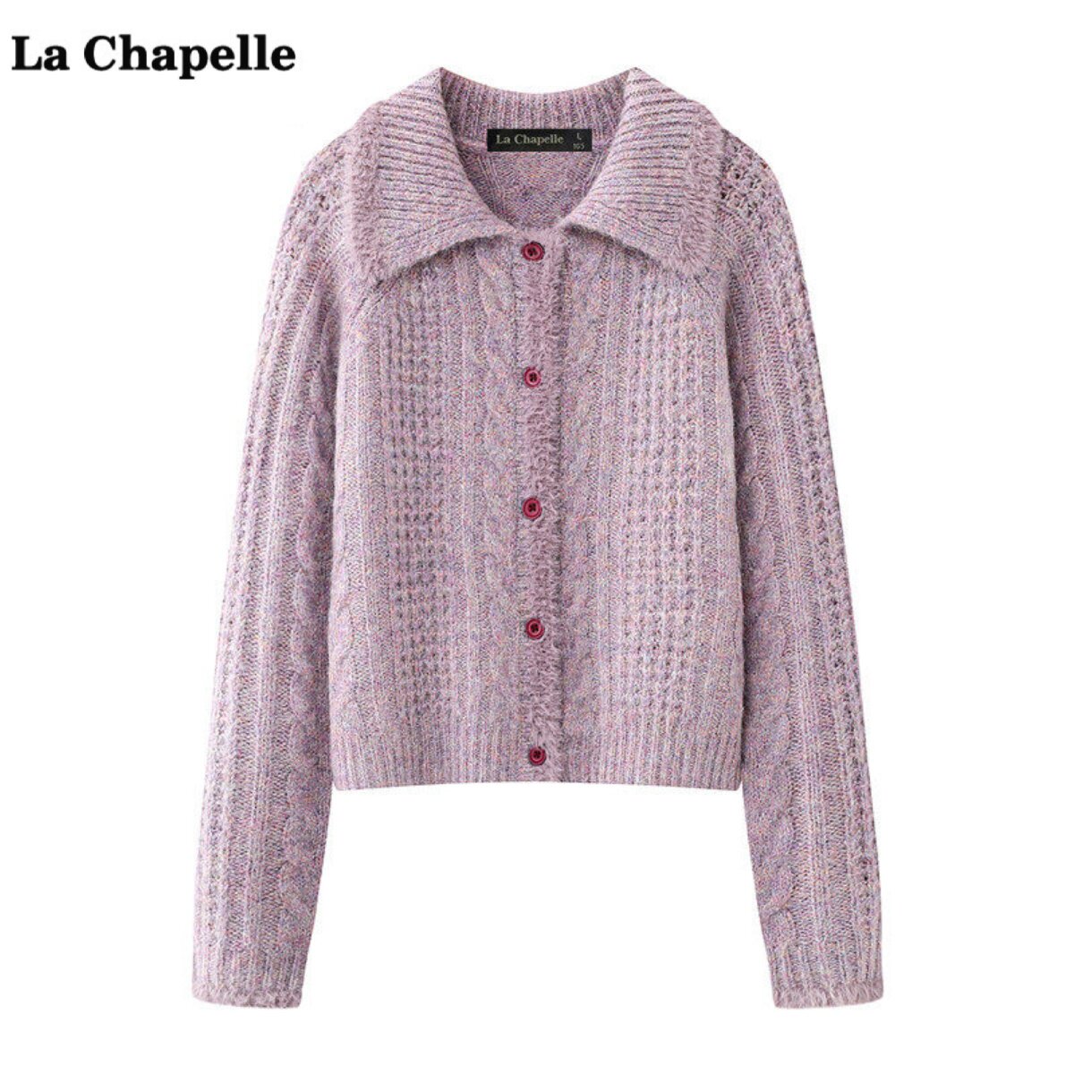 拉夏贝尔/La Chapelle翻领麻花针织开衫女气质秋冬季软糯毛衣外套