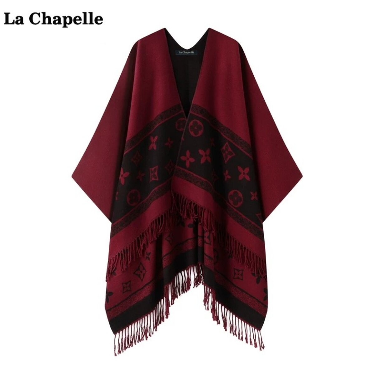 拉夏贝尔/La Chapelle毛呢双面提花流苏披肩女秋新款时尚百搭披风