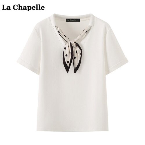 拉夏贝尔/La Chapelle韩系波点丝巾T恤女夏季新款设计感显瘦上衣