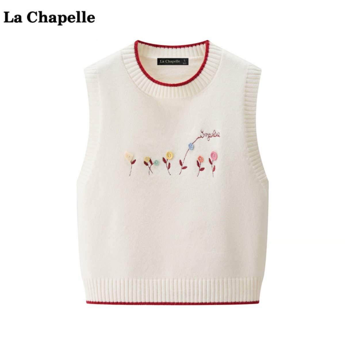 拉夏贝尔/La Chapelle设计感刺绣花朵针织马甲女圆领百搭减龄背心