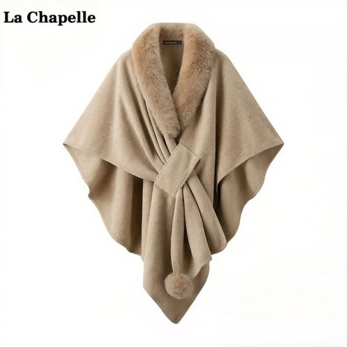 拉夏贝尔/La Chapelle高级感气质毛领斗篷披肩女秋冬外搭保暖开衫