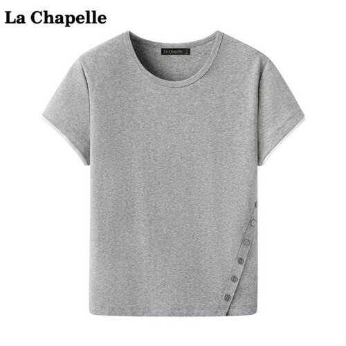 拉夏贝尔/La Chapelle简约圆领T恤女夏新款侧边纽扣修身百搭短袖