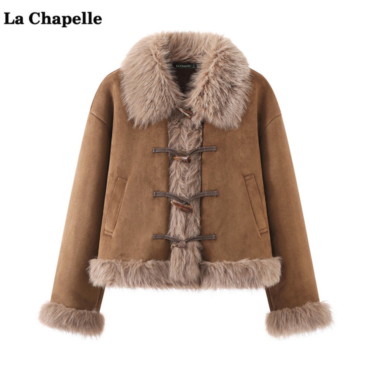 拉夏贝尔/La Chapelle复古毛毛仿麂皮绒外套女秋冬加厚牛角扣棉服
