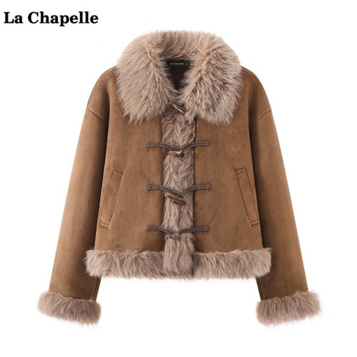 拉夏贝尔/La Chapelle复古毛毛仿麂皮绒外套女秋冬加厚牛角扣棉服