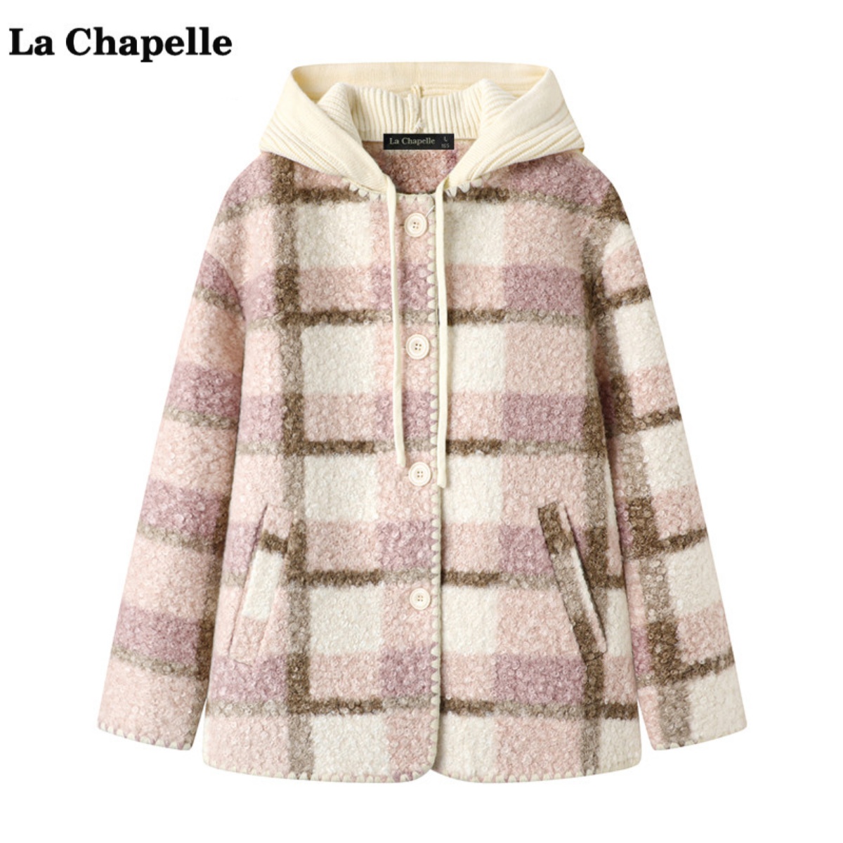 拉夏贝尔/La Chapelle格子颗粒绒外套女秋冬夹棉连帽仿羊羔绒上衣