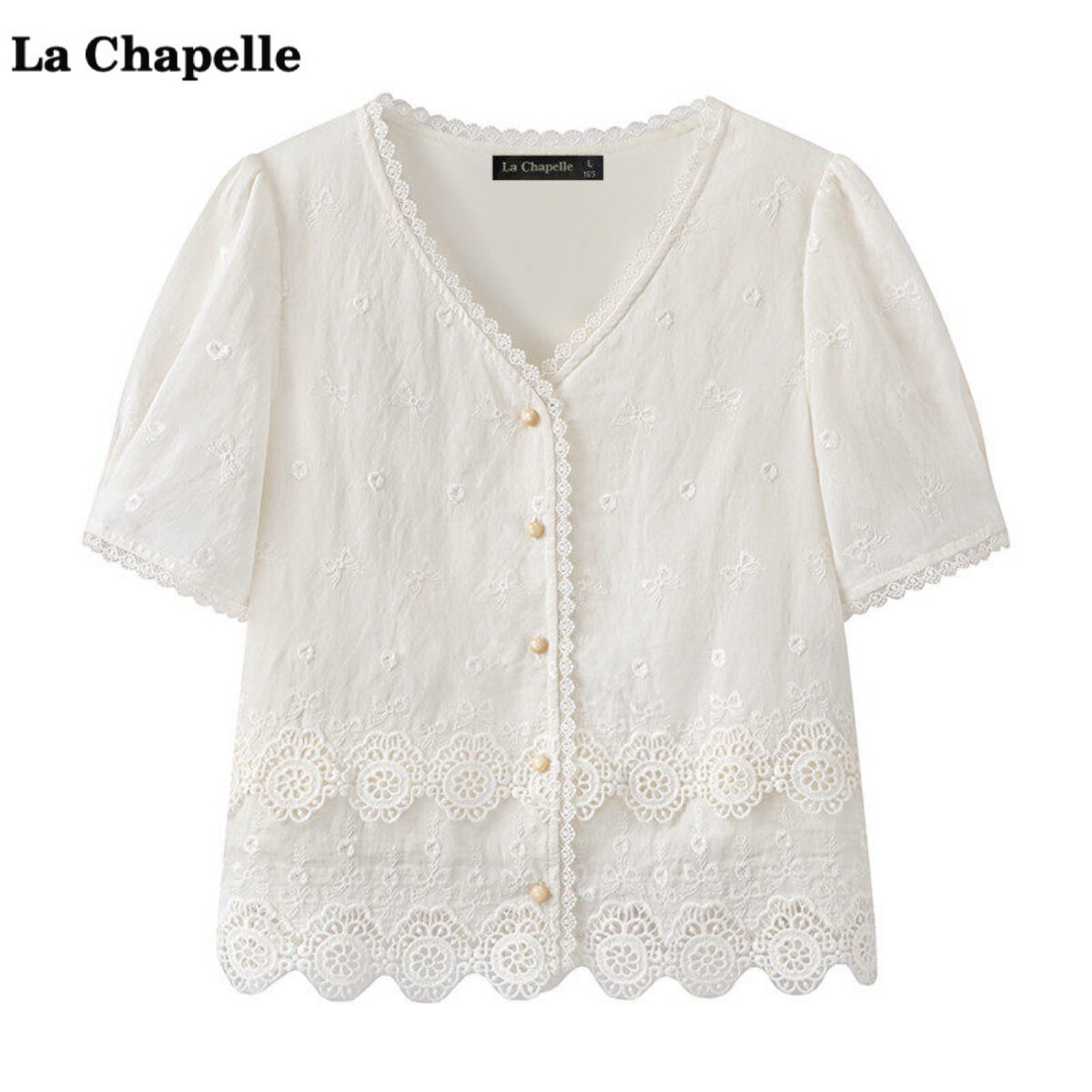 拉夏贝尔/La Chapelle法式刺绣镂空短袖开衫女夏新款V领花边上衣