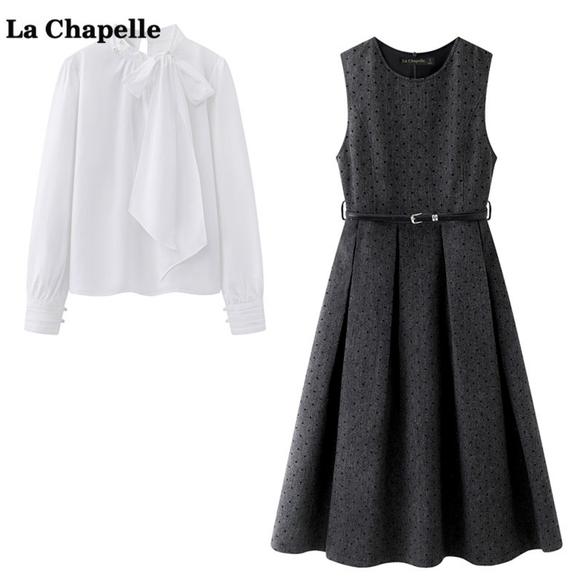 拉夏贝尔/La Chapelle法式无袖系带衬衫连衣裙女收腰显瘦两件套