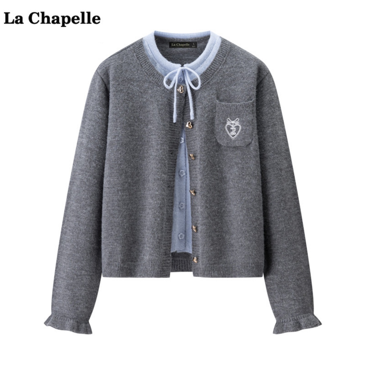 拉夏贝尔/La Chapelle秋季新款假两件针织开衫女气质宽松系带毛衣