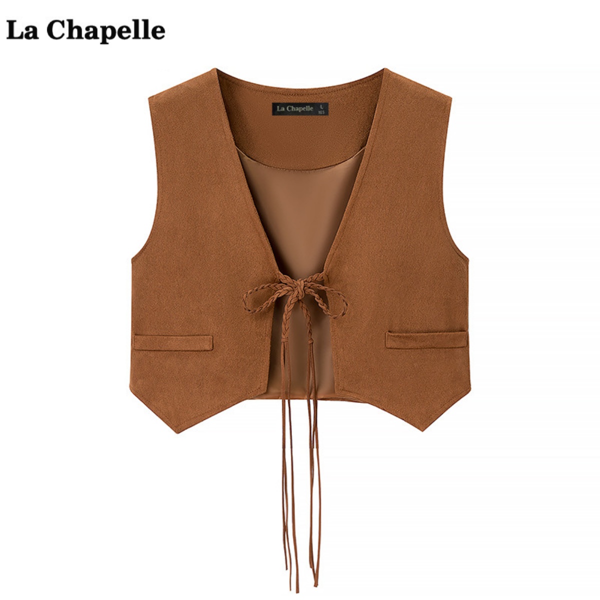 拉夏贝尔/La Chapelle夏季仿麂皮绒叠穿背心时尚系带V领短款马甲