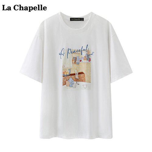 拉夏贝尔/La Chapelle设计感印花T恤女夏季新款宽松圆领百搭短袖