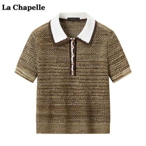 拉夏贝尔/La Chapelle撞色polo领针织短袖女夏季薄款镂空气质上衣