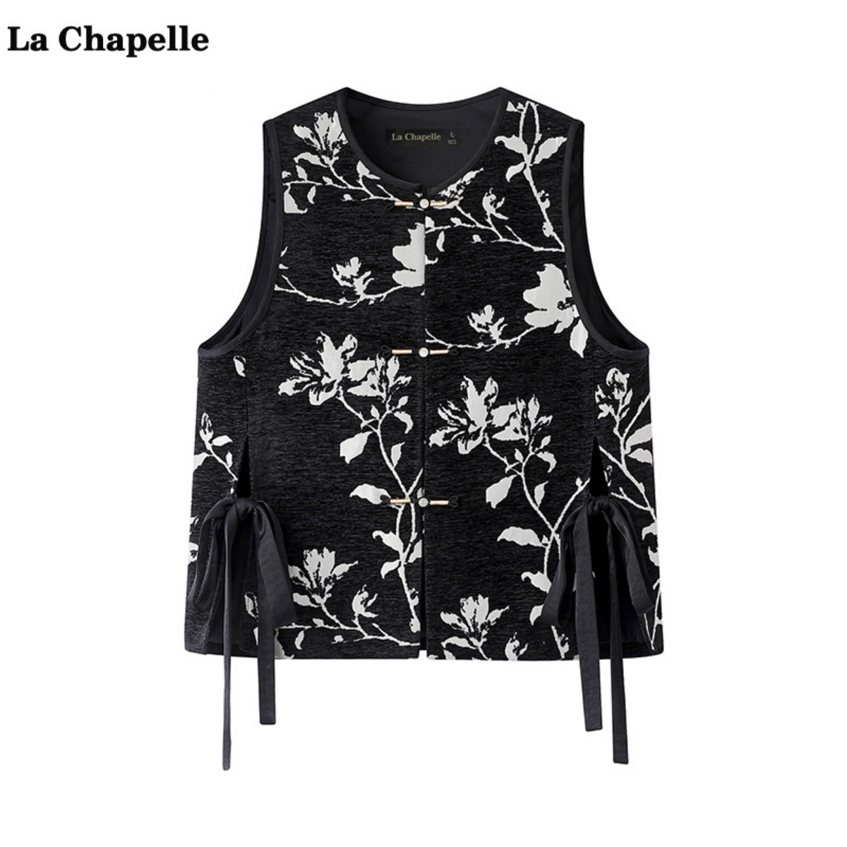 拉夏贝尔/La Chapelle新中式提花马甲女春季新款蝴蝶结盘扣外套