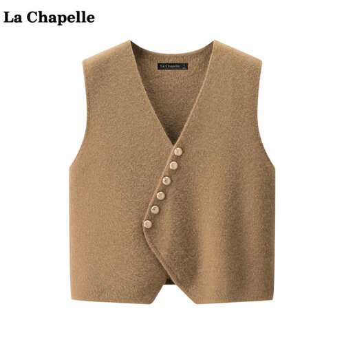 拉夏贝尔/La Chapelle韩系V领针织马甲女秋冬不规则斜扣叠穿背心