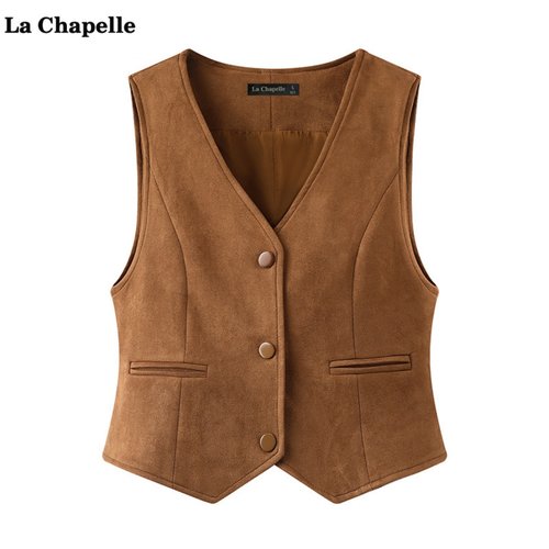 拉夏贝尔/La Chapelle复古麂皮叠穿马甲女秋新款V领百搭休闲背心
