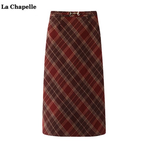 拉夏贝尔/La Chapelle新年红色穿搭格子半身裙女春新款高腰A字裙