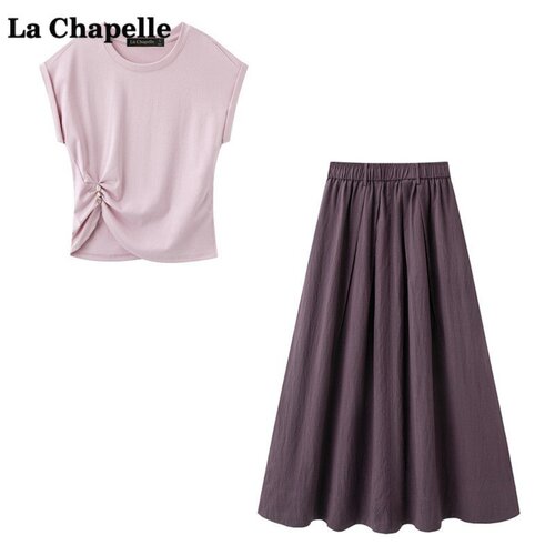 拉夏贝尔/La Chapelle夏季新款扭结T恤高腰A字半身裙女时尚两件套