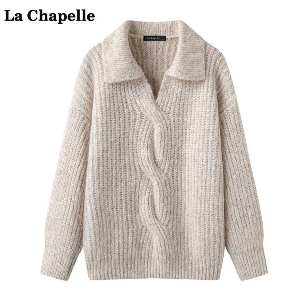 拉夏贝尔/La Chapelle翻领麻花针织毛衣女秋冬新款时尚百搭毛衣