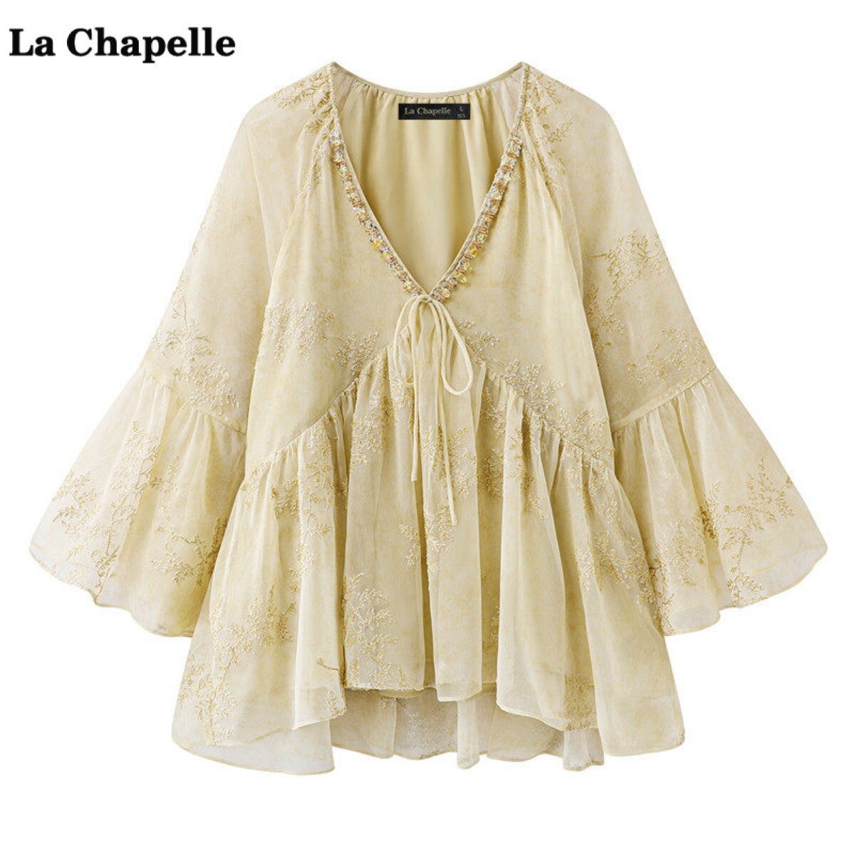 拉夏贝尔/La Chapelle法式碎花V领雪纺衫女夏新款娃娃衫减龄上衣