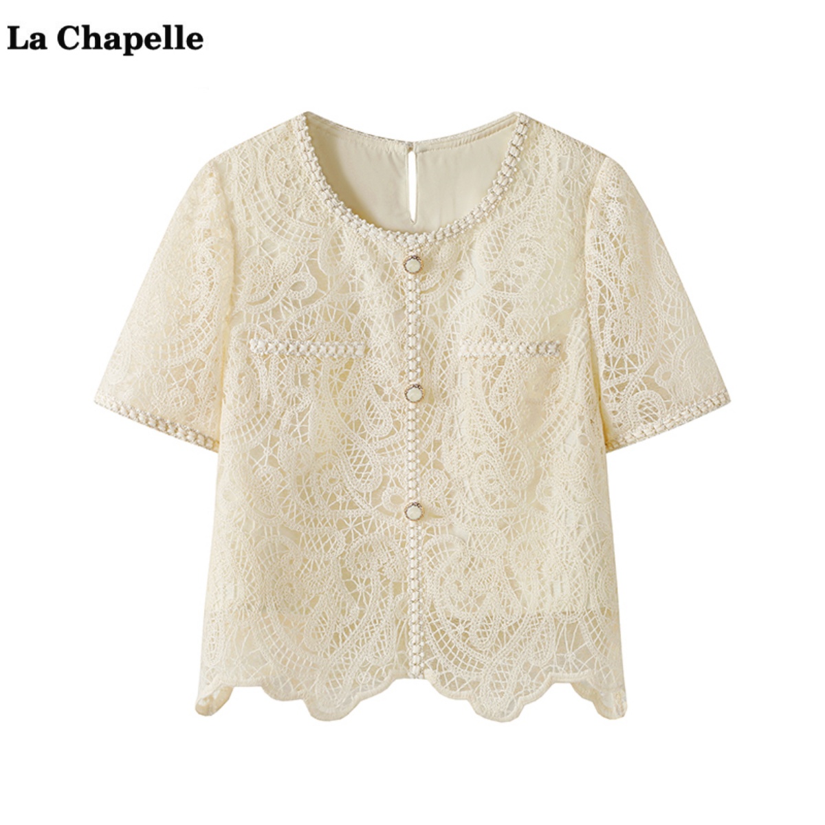 拉夏贝尔/La Chapelle小香风短袖衬衫女夏新款甜美名媛蕾丝衫上衣