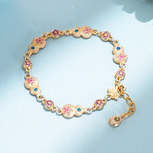 足银9999描金珐琅彩莲花葫芦纯银手链新中式 女手饰招财进宝手链