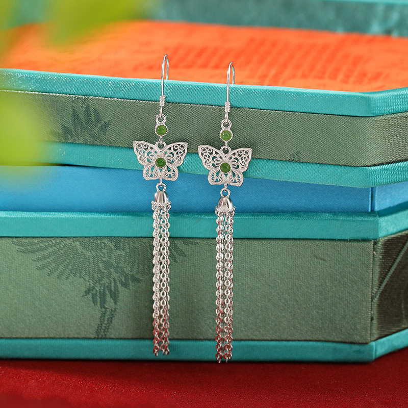 珠宝S925纯银和田玉碧玉复古气质花丝蝴蝶流苏耳坠优雅长款银耳环,饰品/流行首饰/时尚饰品新,耳环,淘宝优惠券,粉丝福利购,淘宝优惠卷