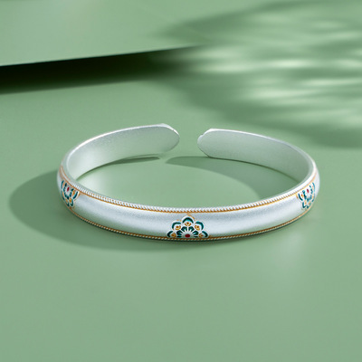 足银9999景泰蓝宝相花纯银描金手镯女新中式复古国潮如意开口镯子
