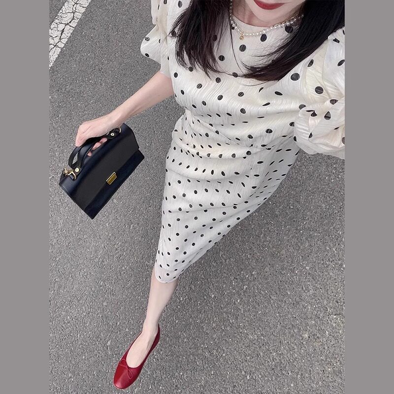 大码胖MM泡泡袖波点连衣裙子女夏季法式遮肉显瘦收腰气质白色长裙