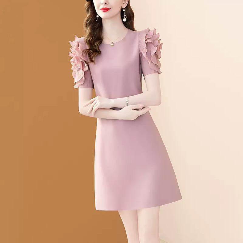 时尚名媛气质粉色连衣裙女夏季2024新款荷叶边短袖小个子显瘦裙子