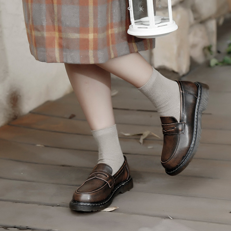 日系森女真皮学生制服鞋女文艺复古鞋子学院风平底黑色ins小皮鞋