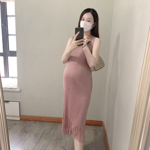 子妤自制2023年夏季新款圆领无袖皱褶流苏大码中长款连衣裙孕妇装