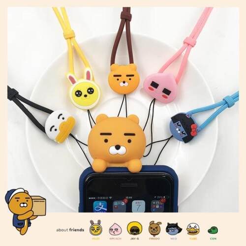 韩国卡通kakao手机挂绳狮子Ryan屁桃挂脖绳硅胶挂件挂饰长款吊绳