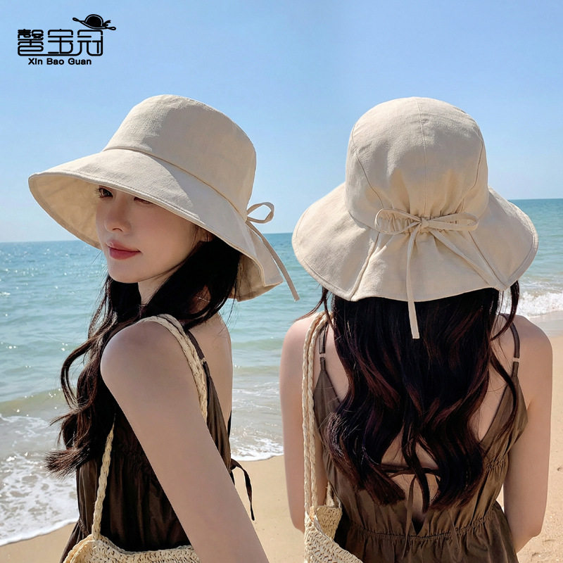 夏季户外大帽檐遮阳帽子女显脸小防晒太阳帽韩版时尚蝴蝶结渔夫帽