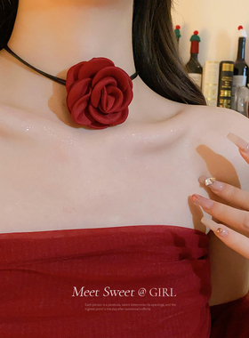 红色玫瑰花朵颈链choker颈花颈带项链女脖子系锁骨链绑带单品配饰