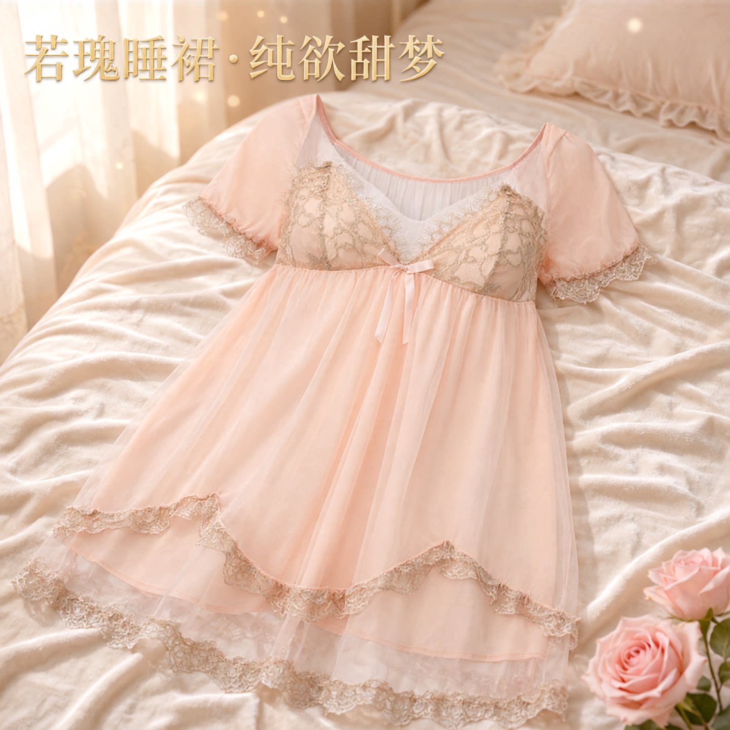 低胸透视花苞网纱拆可甜美纯欲