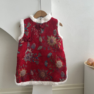 秋冬女童加绒拜年服红色汉服中国风宝宝加厚背心儿童过年唐装上衣