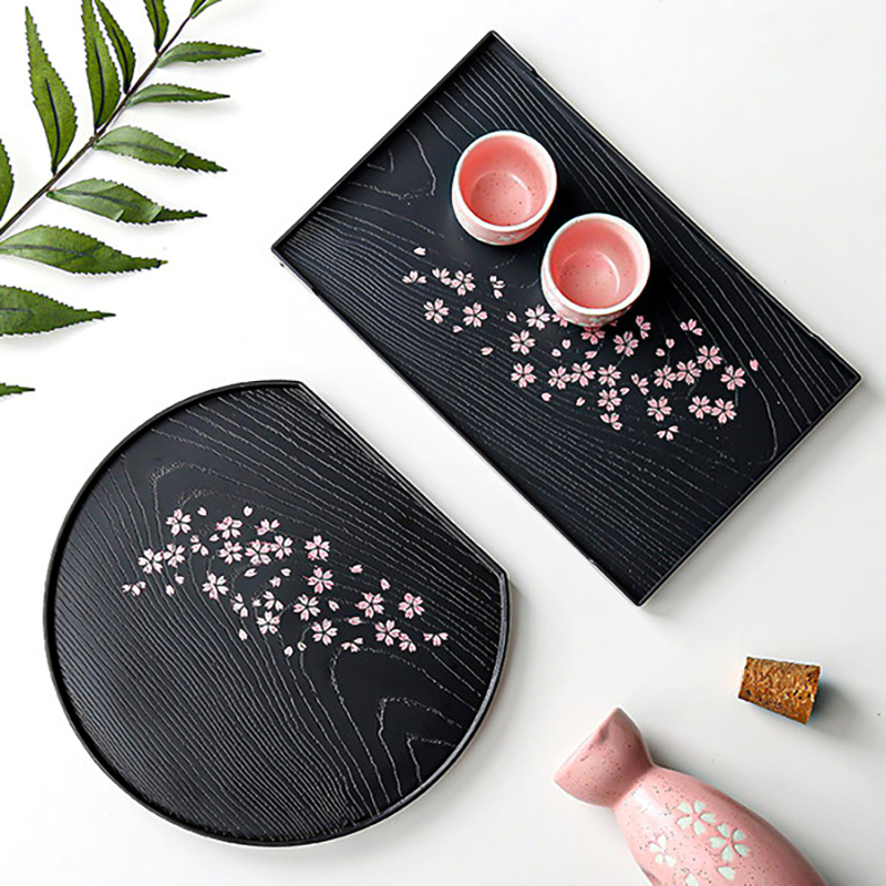 日本进口樱花托盘半月茶盘点心长方形圆形塑料仿木纹日式餐盘家用