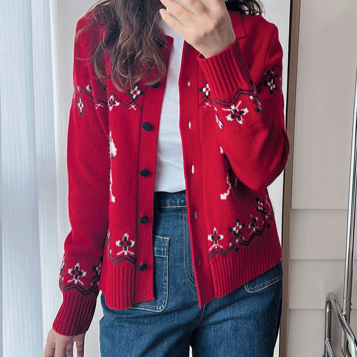 小马提花翻领羊毛针织开衫外套