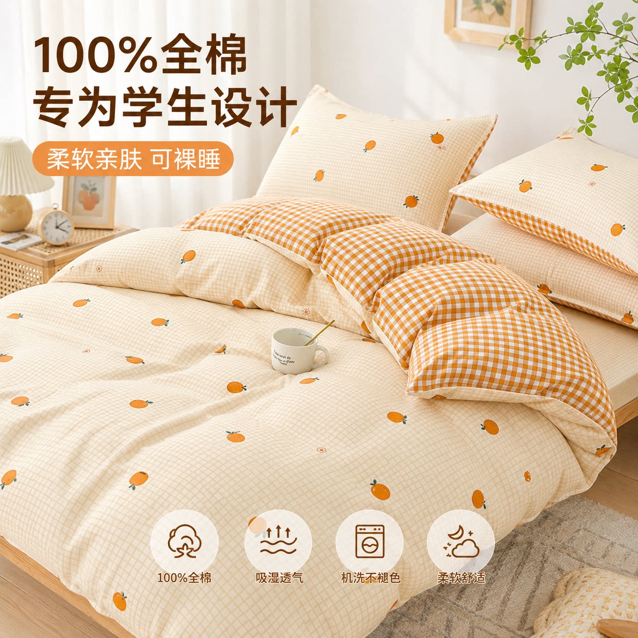 100%全棉学生宿舍四件套A类纯棉AB双版高颜值床上用品可裸睡