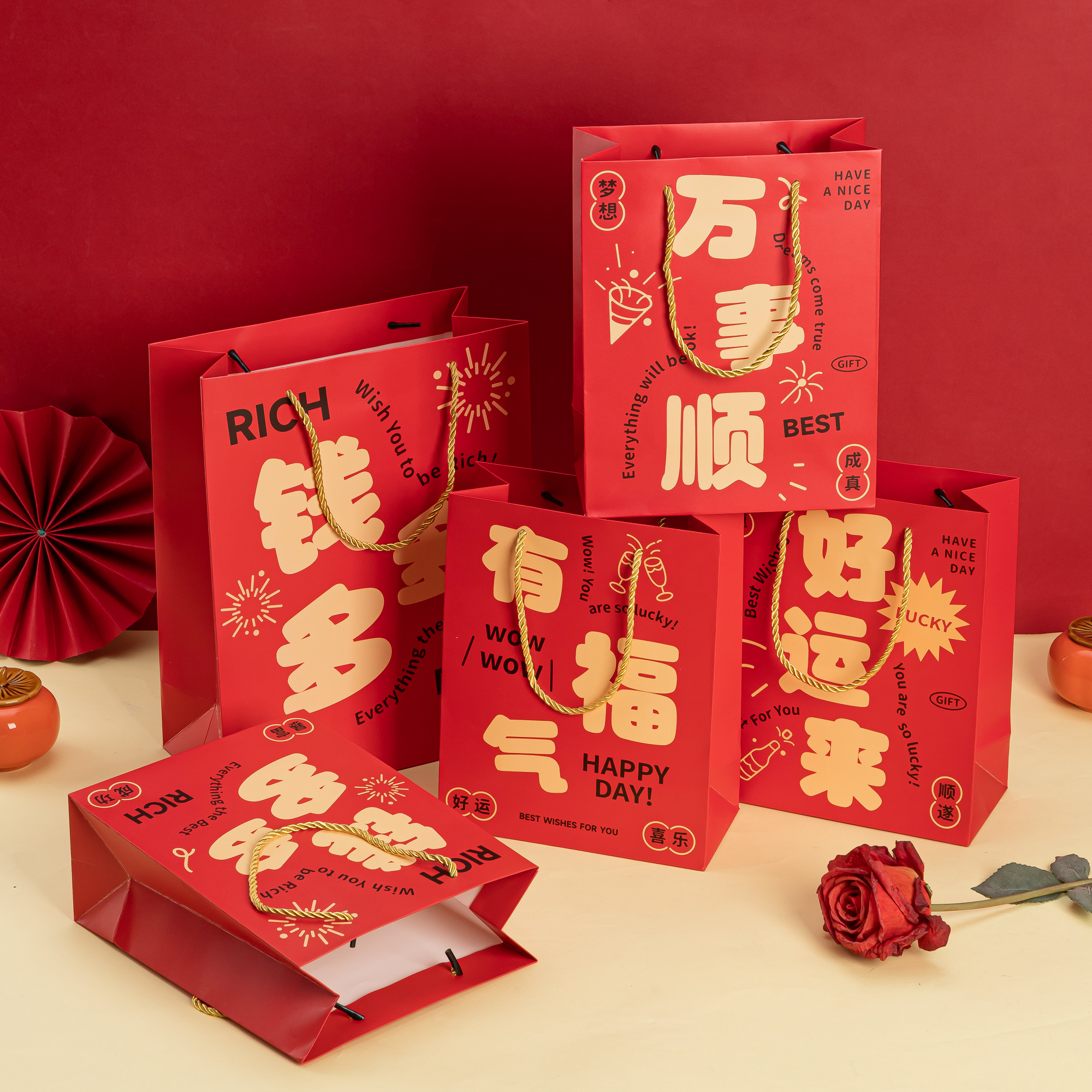 中秋节月饼礼品袋国风红色加厚大号礼物手提袋生日硬纸袋子包装袋