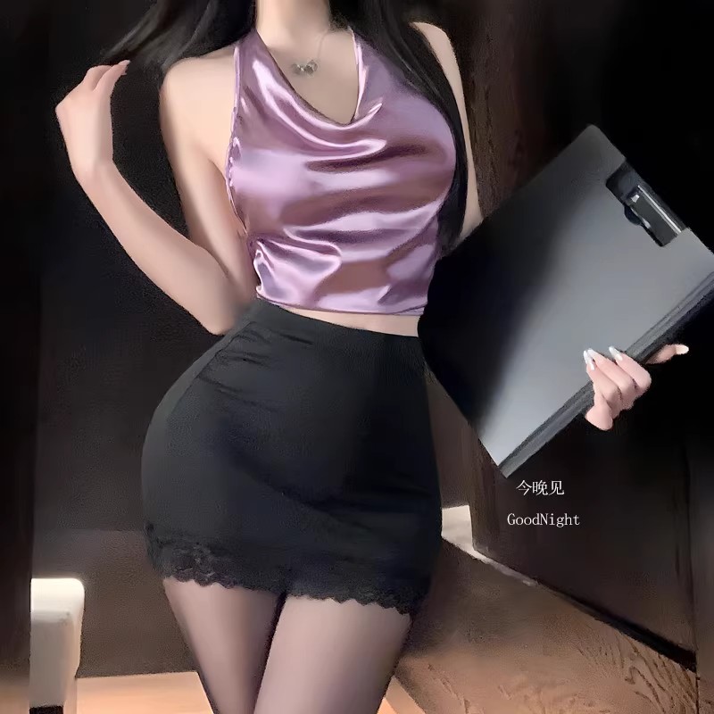 秘书挂脖荡领漏胸套装夜店纯欲风包臀短裙露背ol制服蕾丝套装qqny