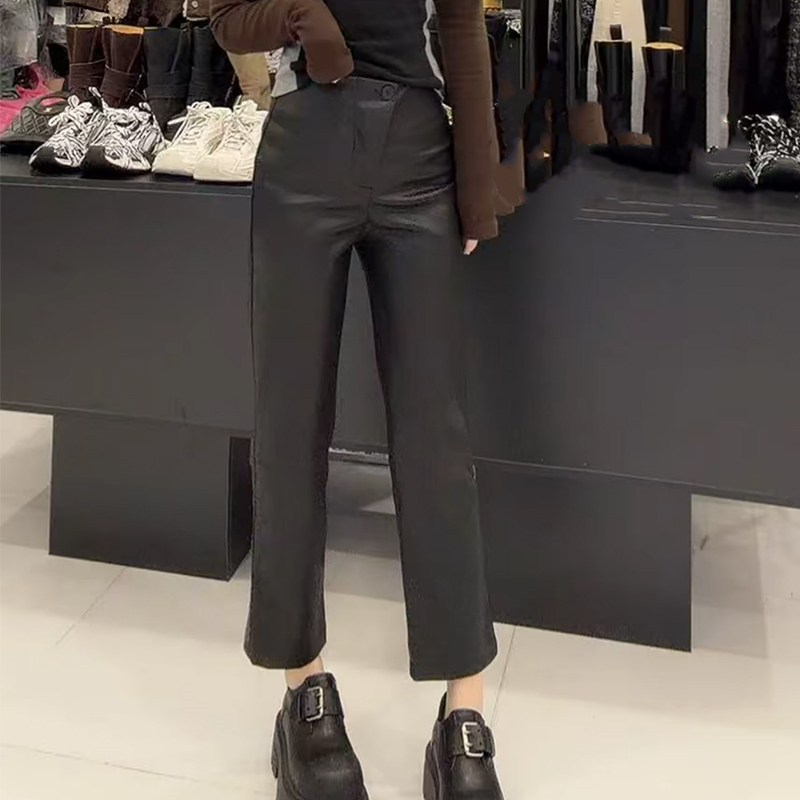 加绒蛋白皮pu皮裤直筒微喇叭裤女